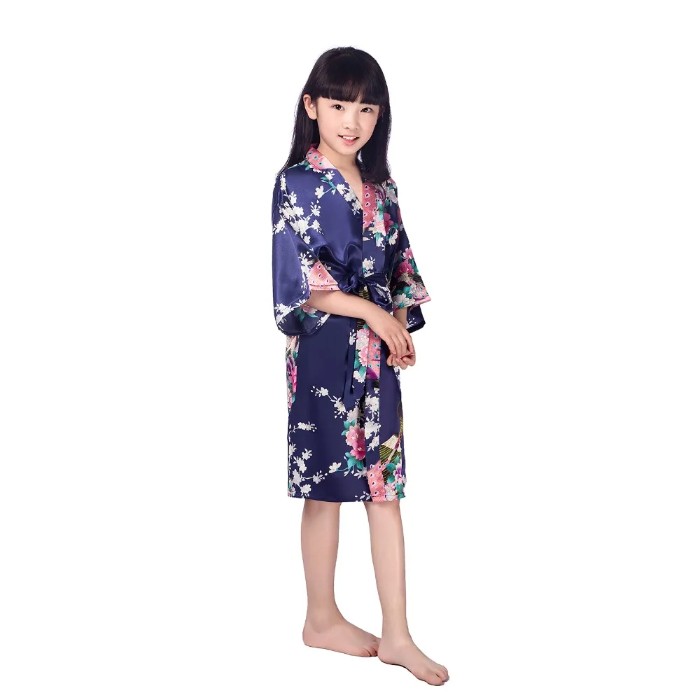 Новое платье для девочек атласное кимоно; наряд на свадьбу для подружки невесты вечерние Халаты для девочек "павлин", ночная рубашка, одежда для сна халаты для девочек B22