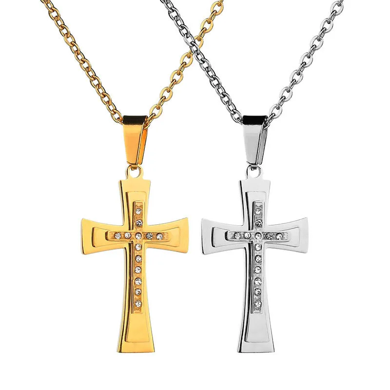 

Multi-layer Latin Cross Charm Necklace Clear Zircon Elements Crystals Pendant Women's stainless steel Gold silver Cross Necklace