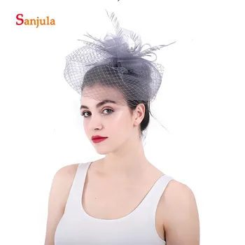 

Grey Tulle Hats Elegant Women's Wedding Hair Decoration Hat with Hairpins Feathers Formal Hats tocados boda sombrero flores H70