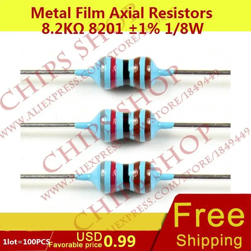 1LOT=100PCS Metal Film Axial Resistors 8.2Kohm 8201 1 1/8W 8200ohm 0