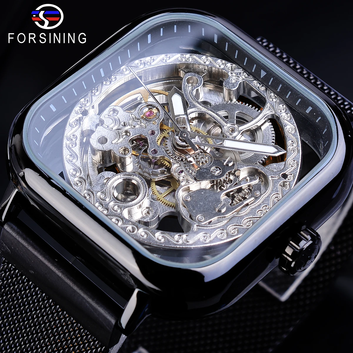 

Forsining Retro Men Mechanical Watches Automatic Black Square Case Steampunk Mesh Stainless Steel Strap Dress Watch Reloj Hombre