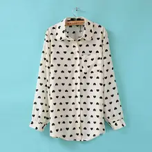 Nice Summer Autumn Style Long Sleeve Chiffon Black White Hearts Printing Loose Chiffon Shirt WoMen Clothing blouse&shirts