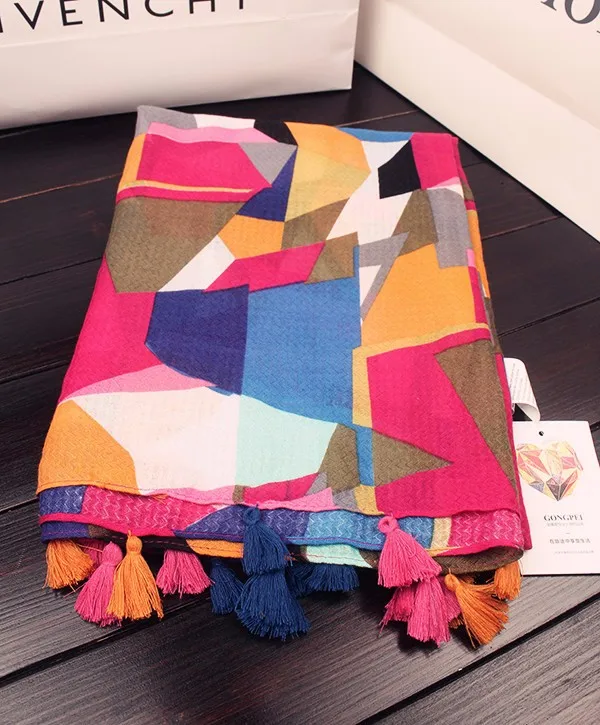 Женский осенне-зимний богемный этнический длинный цветной геометрический шарф с принтом и кисточками люксовый бренд хиппи дизайнерский шарф глушитель