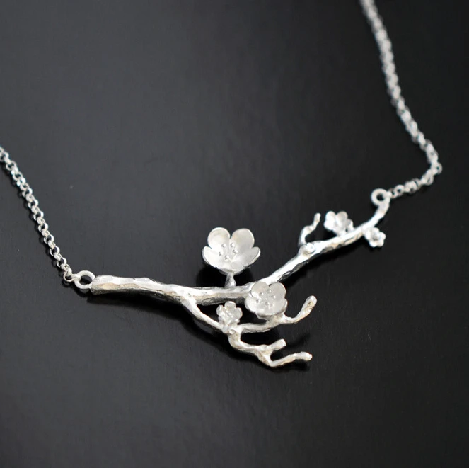 925 Sterling Silver Cherry Blossom Necklace Fashion Jewelry Tree Branch