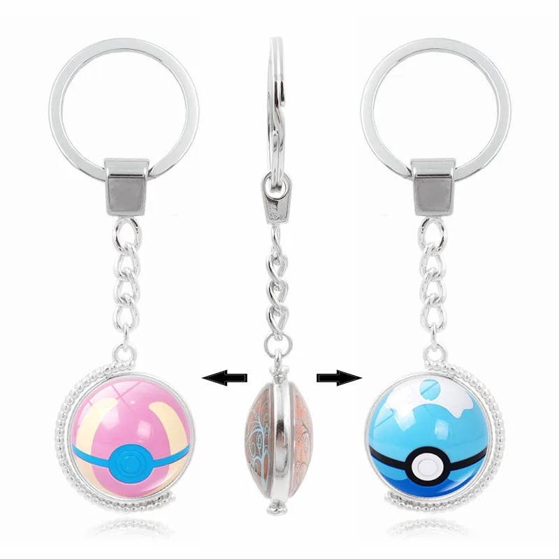 Pokemon Jewelry with Silver Plated Glass Cabochon Pokemon Ball Pattern Rotate Cute Keychain Ring for Women Men Gift 