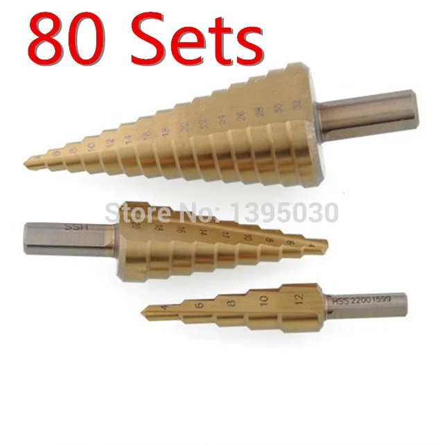 

Free Shipping By DHL 80Sets/Lot 3pcs HSS Steel Spiral grooved Cone Step Drill Drills Bit 4mm to 12mm 20mm 32mm Hole Cut Tool Set