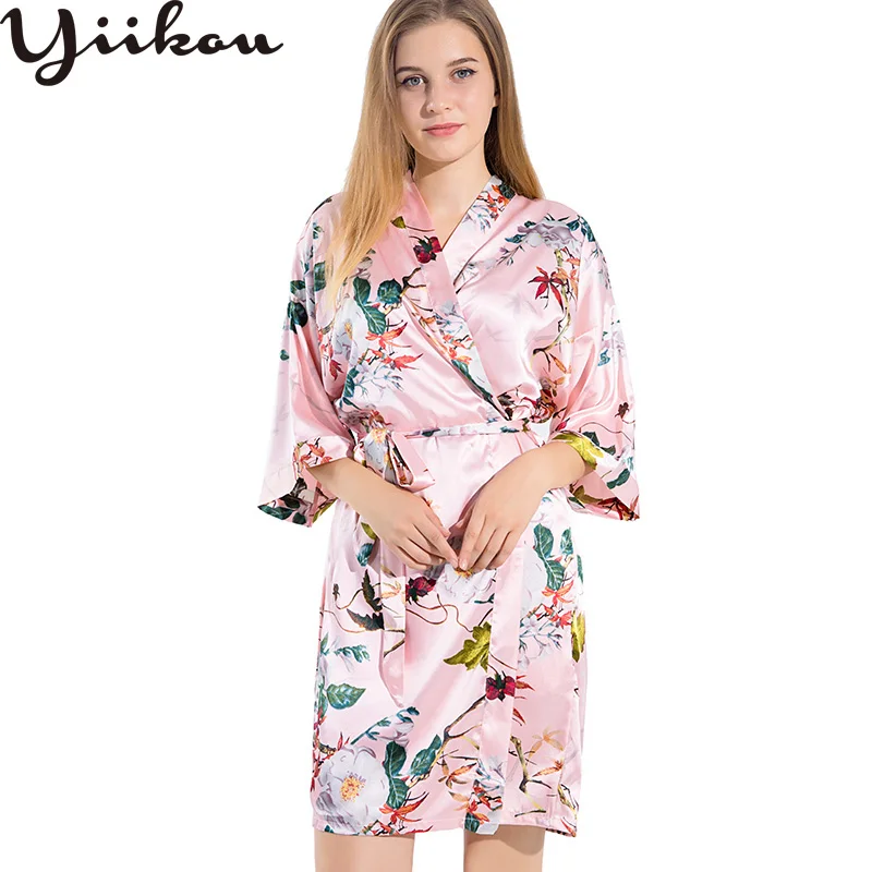 

Female summer autumn pink flowers nightgown simulation silk pajamas women sexy simulation silk home service bride morning dress