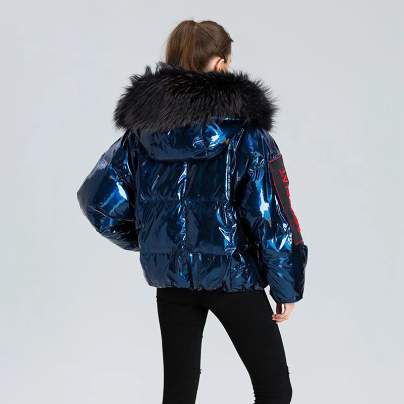 

High Grade Women Fashion Shiny Glossy Down Parka with Big Real Raccoon Fur Coat Ladies White duck down Warm Winter Snow Overcoat