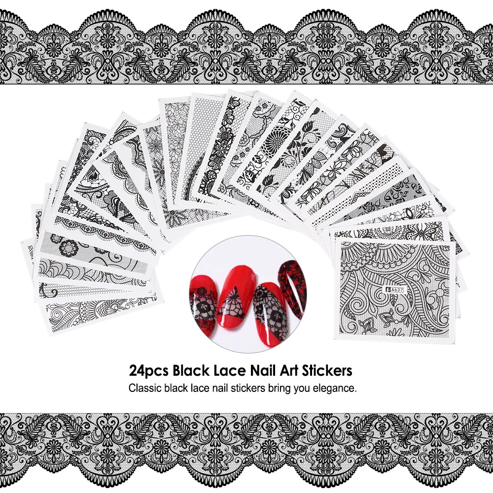 

24pcs Nail Art Stickers DIY Nail Decals Black Lace Water Transfer Nail Sticker Tips Decals Flower Leave Decoration Manicure Tool