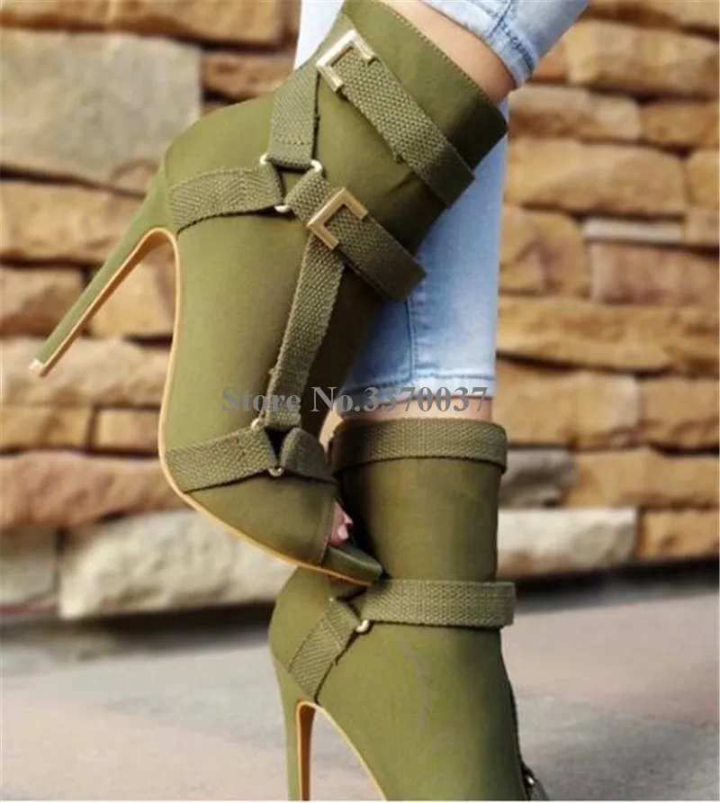 Дизайн; Женские Модные Замшевые полусапожки на шпильке с открытым носком; ботильоны на высоком каблуке с пряжкой и ремешком; цвет черный, армейский зеленый
