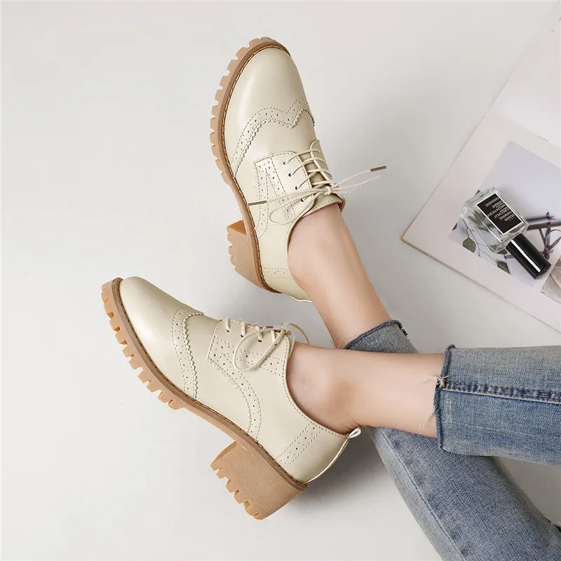 Women Oxfords Shoes Handmade Lace-up Round Toe Thick Heel Leisure Comfortable and Soft Office Lady Shoes