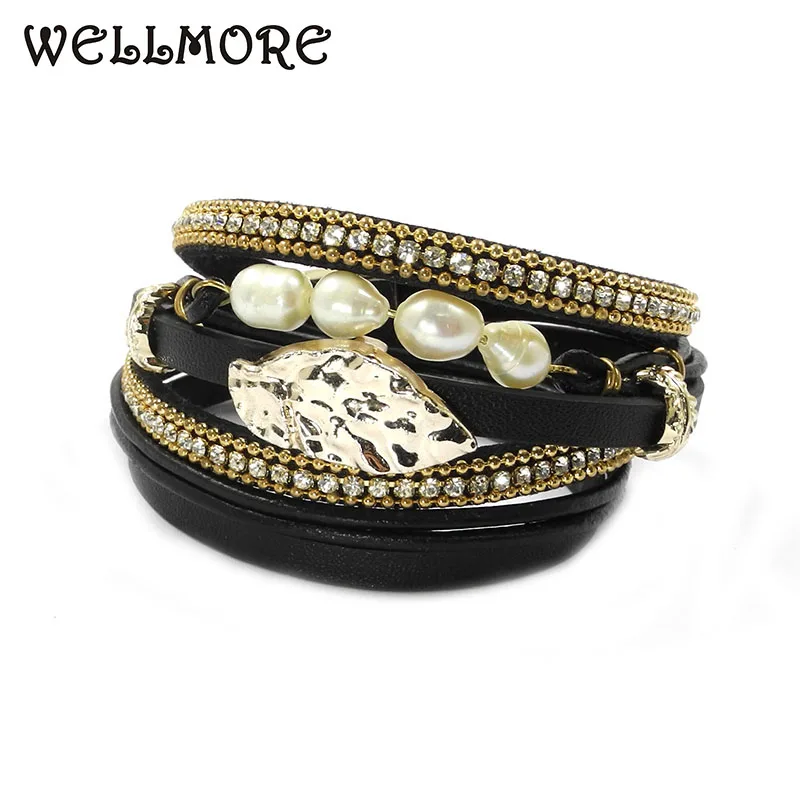 wellmore black leather bracelets ,Freshwater pearl ,wrap bracelets