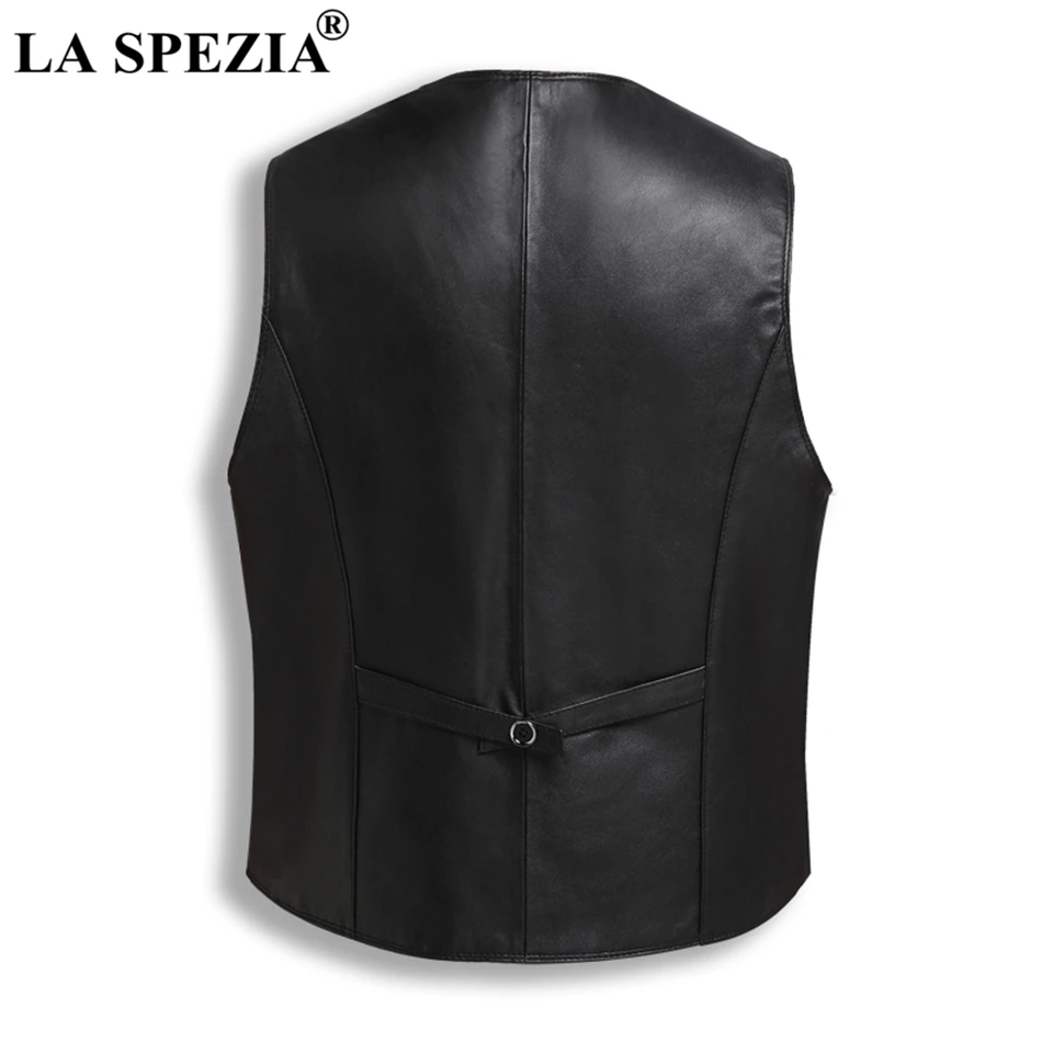 LA SPEZIA Genuine Sheepskin Leather Vest For Men Black Slim Fit Sleeveless Jacket Male Vintage Natural Leather Retro Waistcoat