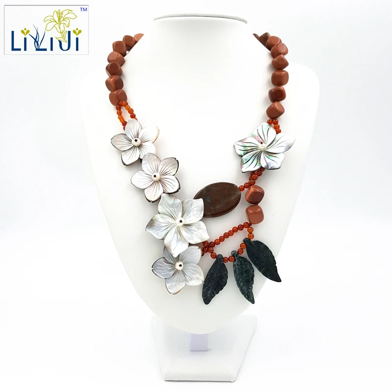 

Lii Ji Golden Aventurine,Red Agate,Shell Flowers with Jade Toggle Clasp Necklace