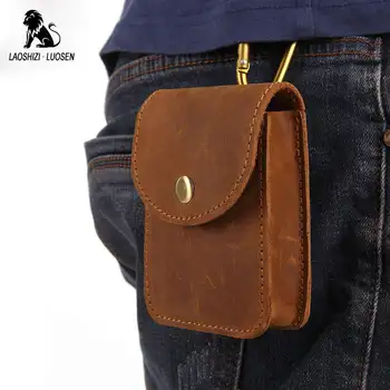 

LAOSHIZI LUOSEN Crazy Horse Leather Fanny Pack Mens Waist Bag Pouch Belt Bags Hook Loop Cigarette Key Case Money Bag 2018 New