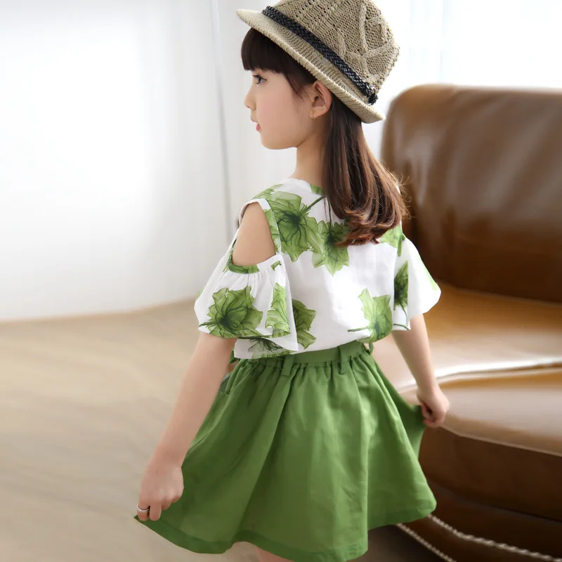 Летние Детские комплекты одежды для девочек г. Милая футболка принцессы с принтом кленовых листьев+ льняная юбка комплект одежды для детей, От 5 до 11 лет