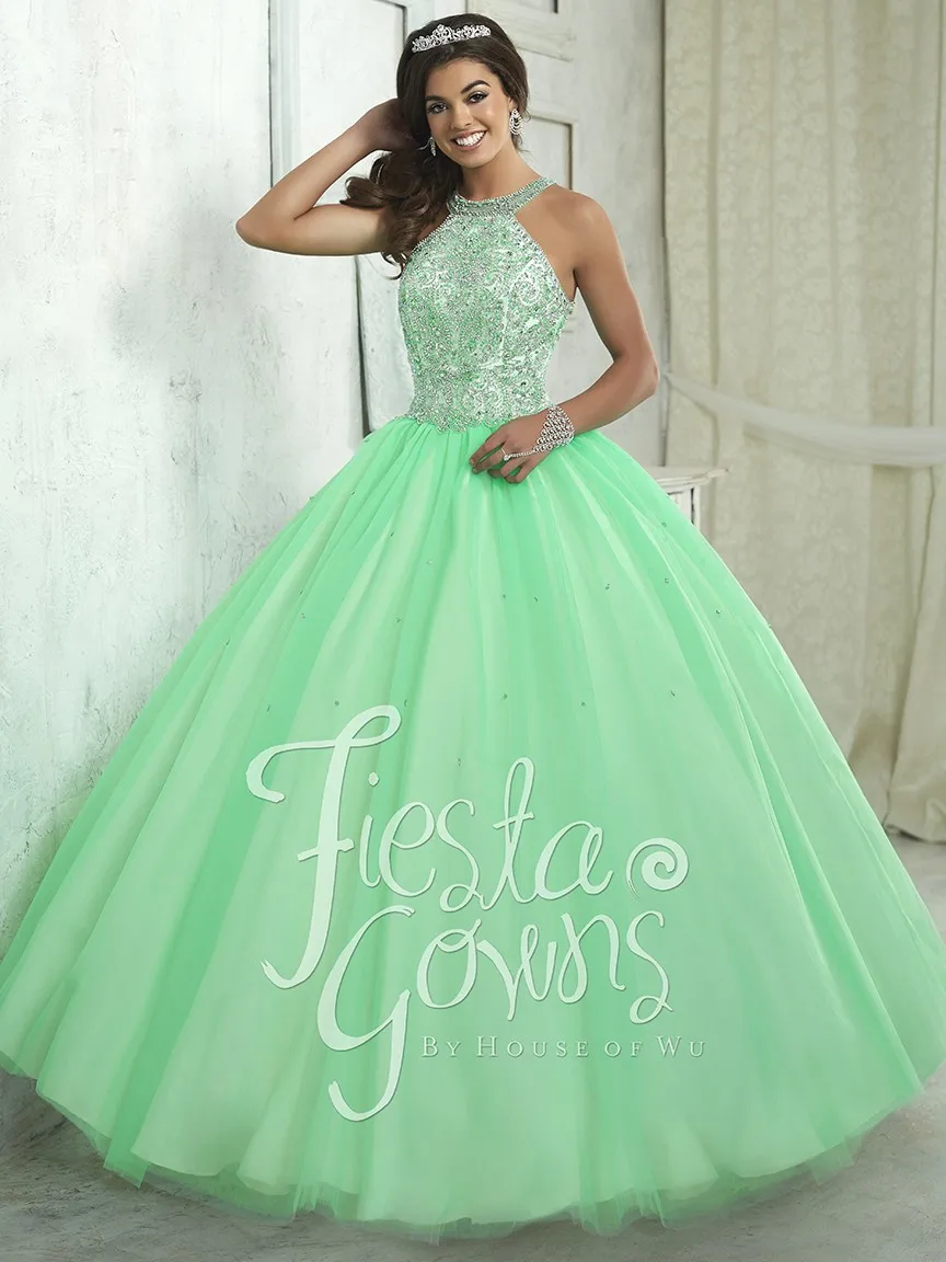 Elegant Green Ball Gown Quinceanera Dresses 2017 Halter Beaded Cheap