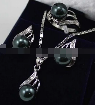 

1983 Black South sea Shell Pearl Earrings Ring & Necklace Pendant Set