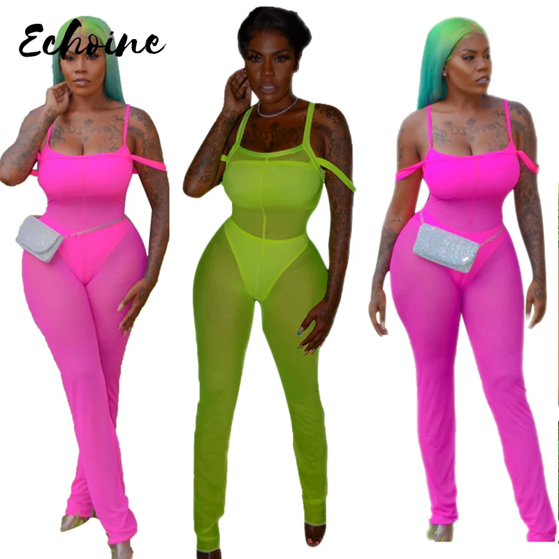 

Echoine 3 Pieces Set Sexy Spaghetti Strap Mesh See Though Night Club Skinny Long Plus Size XXL Jumpsuit with Underwear Panties