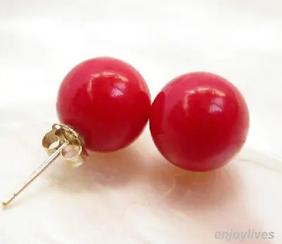 

Beautiful 10 mm Red Coral Shell Pearl 925 Sterling Silver Stud Earrings
