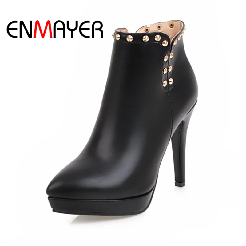 

ENMAYER Womens PU Shoes Rivet Platform Zipper High Heels Solid Round Toe Thin Heels Short Plush Fashion Black Boots