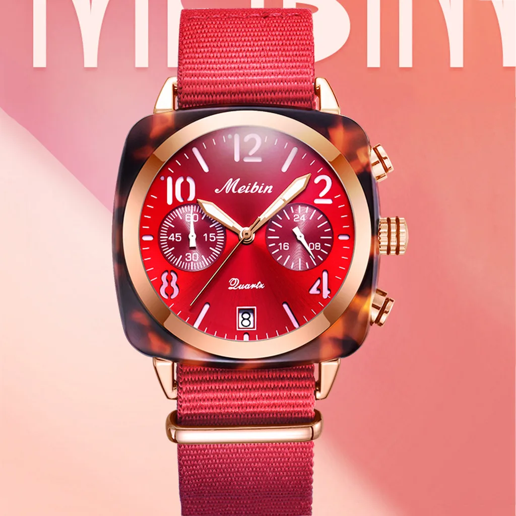 

Meibin Luxury Noble Double Dial Square Ladies Watch Nylon Belt Jewelry Wristwatches Quartz Classic Casual Analog Watches