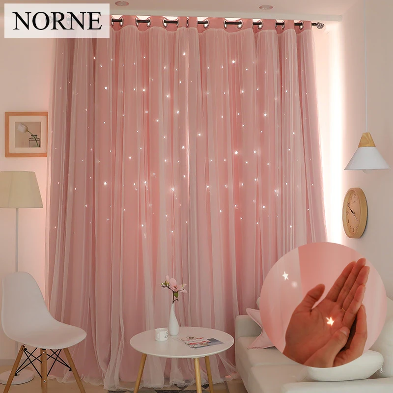 Offerte NORNE Hollow star Thermal Insulated Blackout Tende per Soggiorno camera Da Letto Tende Tenda Della Finestra Cucita con il bianco Voile