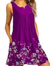 Women Summer Dress New Fashion Elegant Flower Printed Vintage Dresses Sleeveless Beach Loose Plus Size Dress plus size flower sleeveless dress
