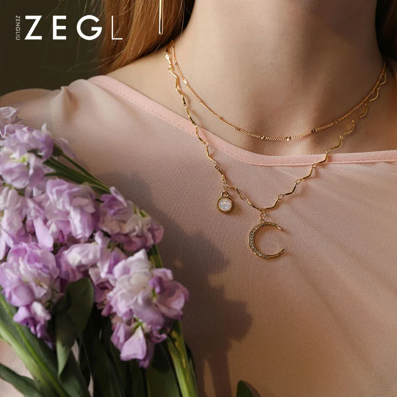 

ZEGL Double Layer long Necklace girls Clavicle Chain Moon Pendant Simple initial necklace Jewelry Necklace