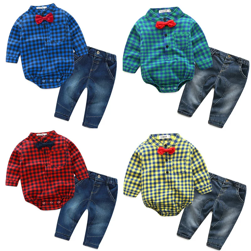 Hot Sales Infant Baby Boys Sets Red Plaid long sleeved Tops+ Pants 2pcs
