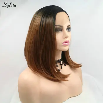 

Sylvia Short Bob Straight Hair Shoulder Length Dark Roots Ombre Natural Brown/Blonde Synthetic Lace Front Wigs For Women Cosplay