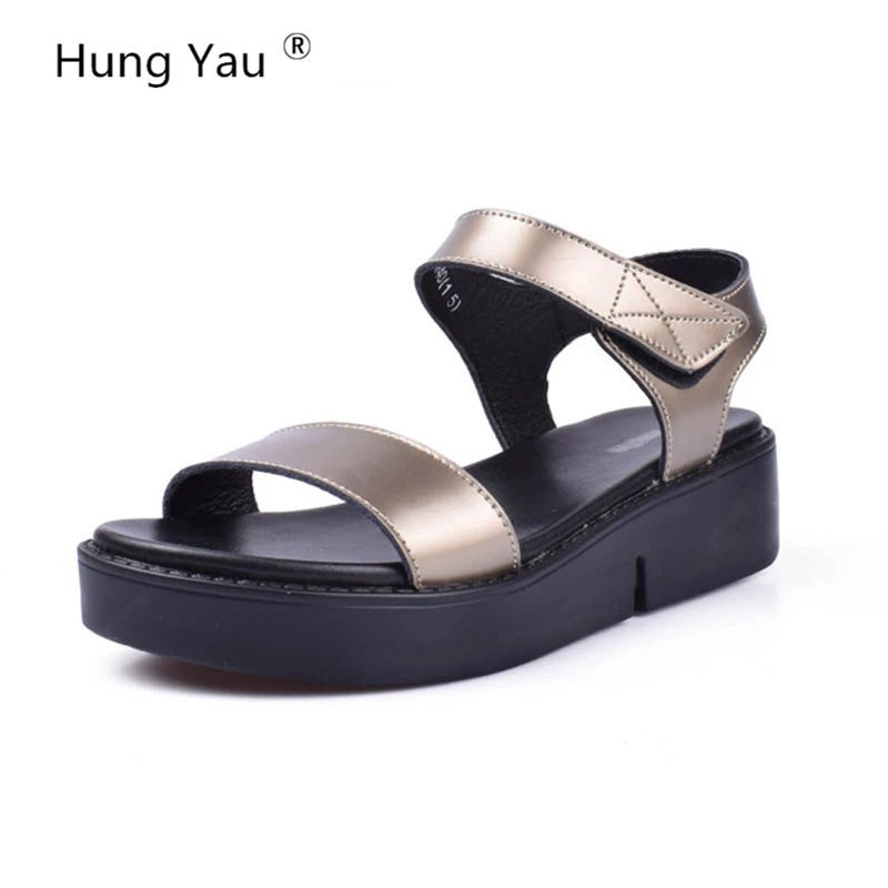 

Hung Yau 2018 Women Gladiator Sandals Women Platform Sandals Gold & Black Fashion Hook Loop Wedge Summer Style Shoes Woman Size9