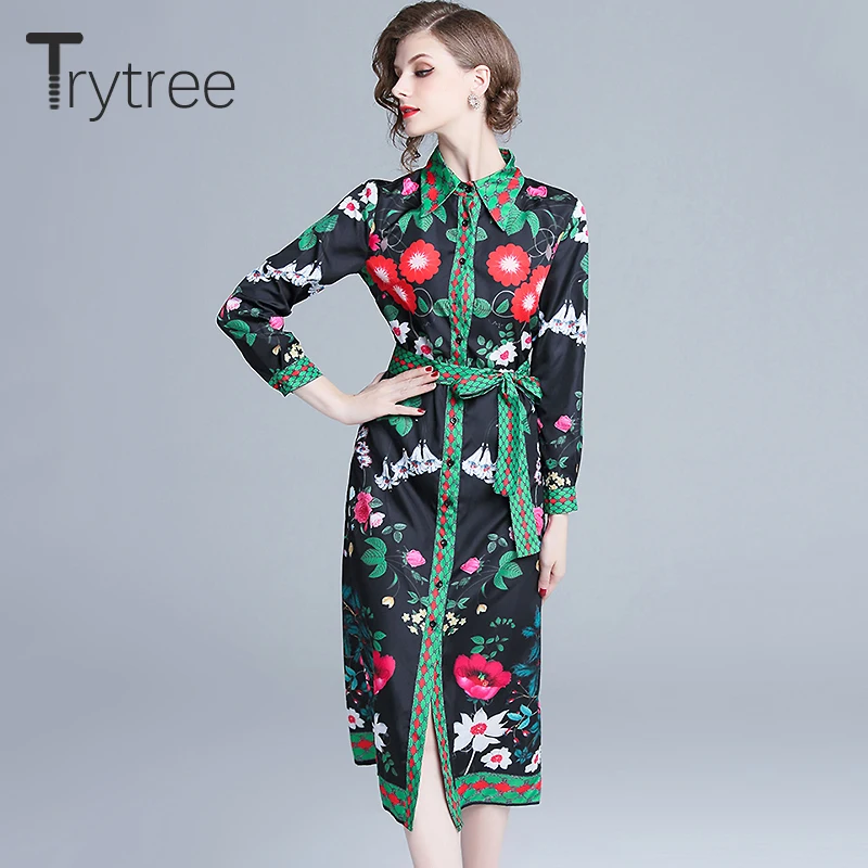 

Trytree Summer Autumn Dress High street women Print Sashes Polyester dresses Turn-down Collar Mid-Calf Office Lady Dresses
