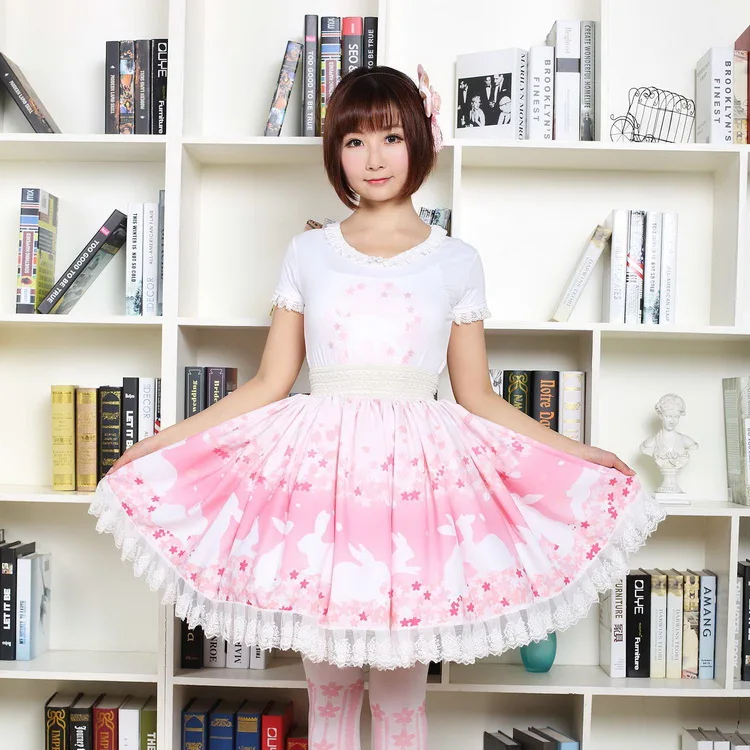 Pink Bunny Cherry Blossoms Print Lolita Skirt Soft Sister Cartoon Rabbit Pleated Princess Lace Romantic Girl Skirts for Women