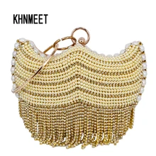 Золотая жемчужная сумочка-ристлет сумка женский клатч сумка бежевая жемчужина кристалл кисточкой вечерняя сумочка металлическая цепочка женские сумки вечерние сумочки для невесты
