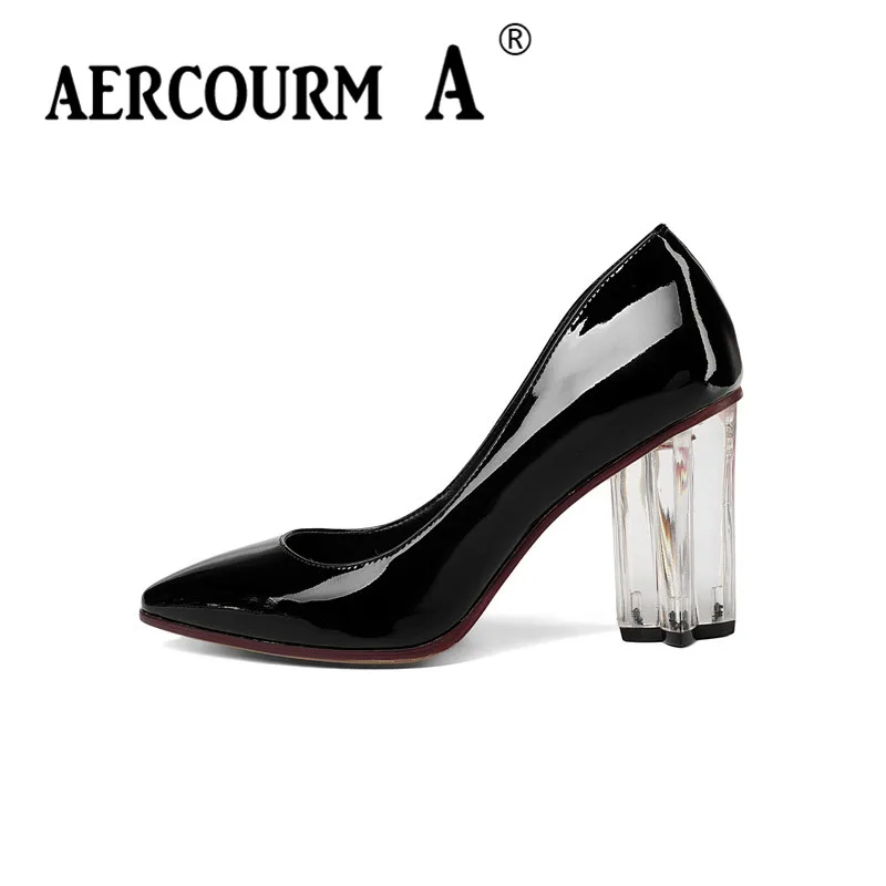 Aercourm A/Демисезонный Для женщин Яркая кожаная обувь высокие ботинки на каблуках с украшением в виде кристаллов туфли-лодочки на каблуке Туфли под платье женские Брендовая обувь Z310 - Цвет: 310 black