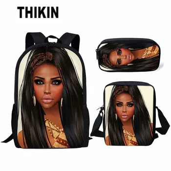 

THIKIN Afro Girl Black Art African Printing Schoolbag Kids Children School Bags 3pcs/set Primary School Backpack Custom Rucksack