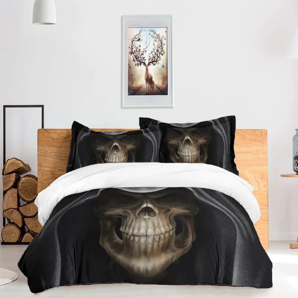 Gothic skull / crow Reactive Printed queen twin single sizes bed linens set 100% polyester duvet / quilt cover bedding set 3pcs
