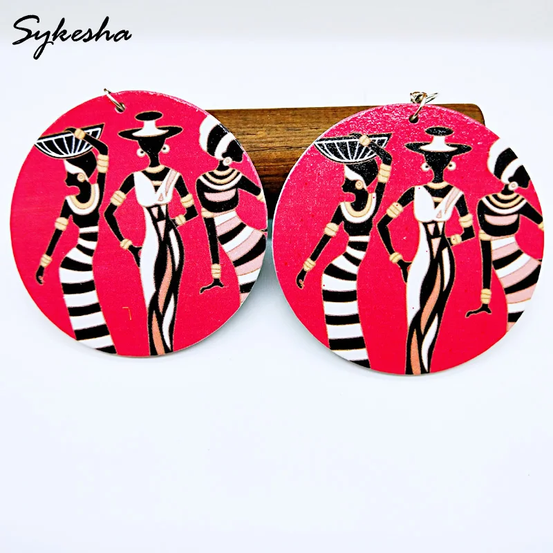 

2019 6cm Indian African Figure Female Vintage Round Wood Earrings Colorful Figures Statement Drop Earring Jewelry Christmas Gift