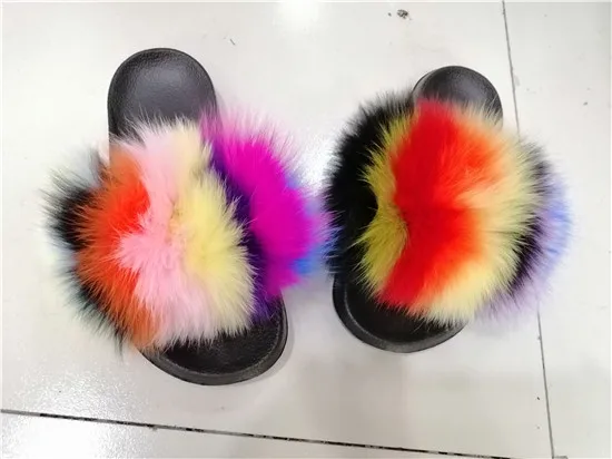 COOLSA Hot Women's Striped Plush Fur Slippers Super Fluffy Furry Fox Fur Slides Travel Quick Drying Beach Flip Flops Plus Size - Цвет: as picture shows