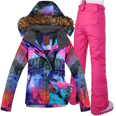 GSOU зимний женский лыжный костюм супер теплый меховой с капюшоном ветрозащитная куртка брюки водонепроницаемая верхняя спортивная одежда лыжная куртка для сноуборда брюки - Цвет: Color 4