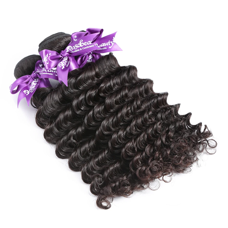 Rosabeauty 28 30 inch Deep Wave Bundles With Closure Peruvian Remy Human Hair Weaves Water Curly and 5X5 Lace Closure