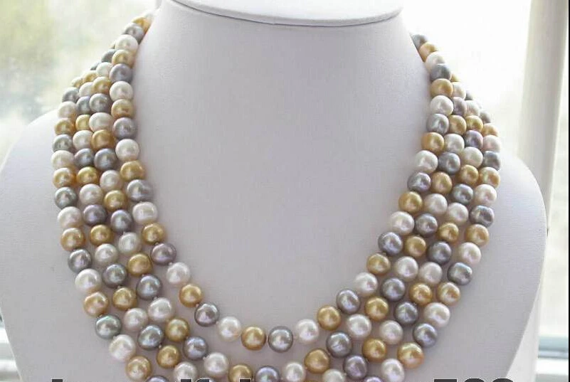 

FREE SHIPPING ****** z2966 4row 9mm round white gold gray freshwater pearl necklace