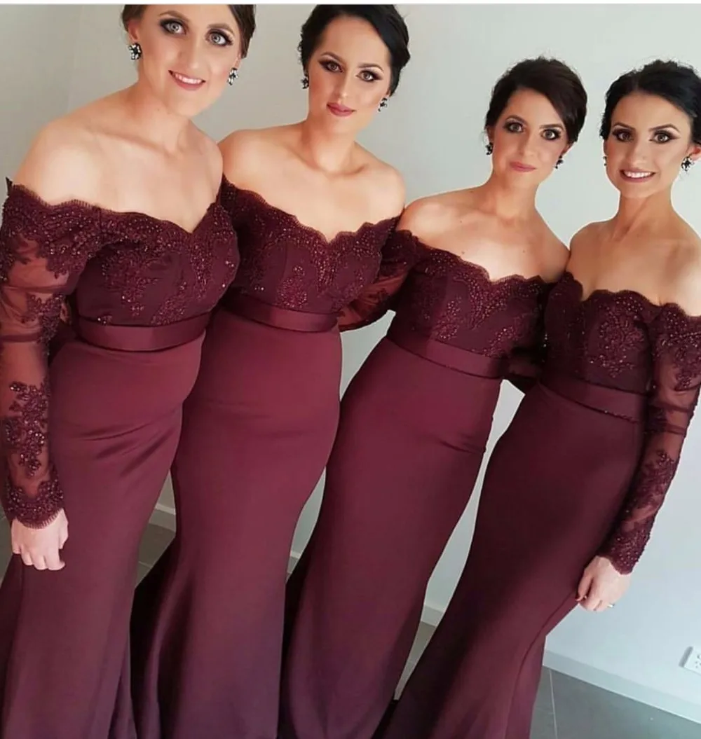 

Long Sleeves Off The Shoulder Mermaid Burgundy Bridemaid Dresses 2019 African Appliqued Lace Prom Dress Wedding Party Gowns
