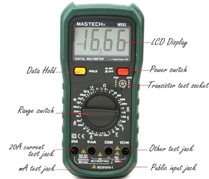 MASTECH MY61 цифровой мультиметр, измерения емкости, с самосбросом предохранителя, индикация низкого напряжения