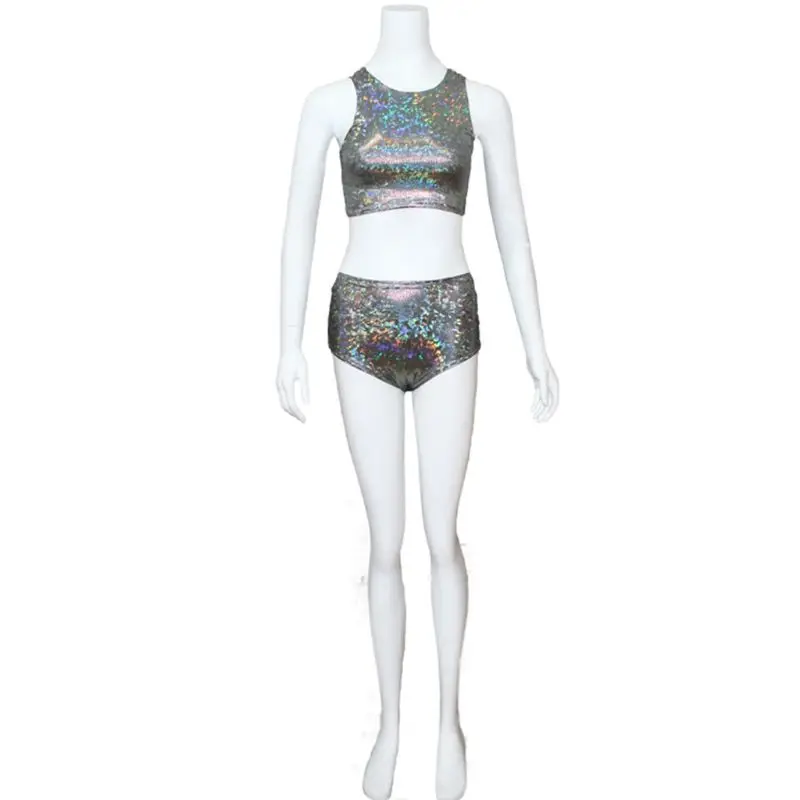 

Women Two Piece Swimsuit Set Metallic Rave Crop Top High Waist Booty Shorts Bottoms Hologram Rainbow Outfit Criss Cross Strappy