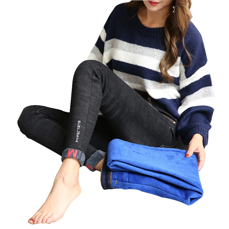 GUUZYUVIZ Velvet Woman Jeans 2018 Casual High Waist Pants Women Cotton Denim Thicken Plus Size Woman's Jeans Winter Warm