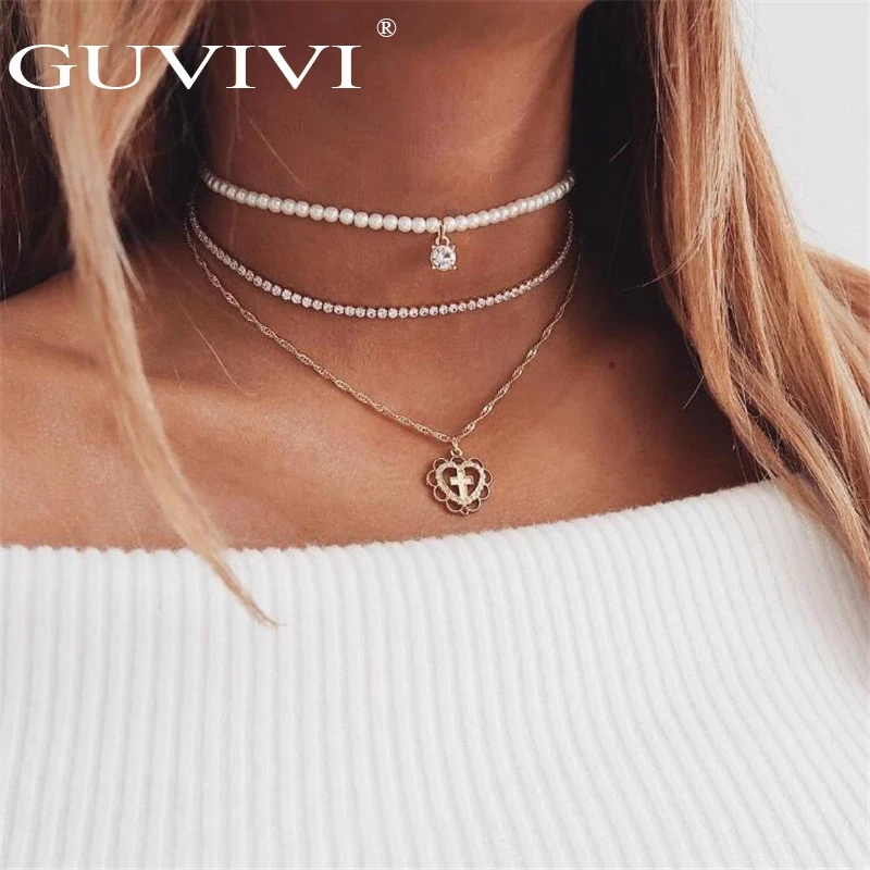 

2018 Fashion 3Pcs Simulated Pearls Choker Necklaces For Women Crystal Flower Cross Necklace Pendant Wedding Party Bijoux