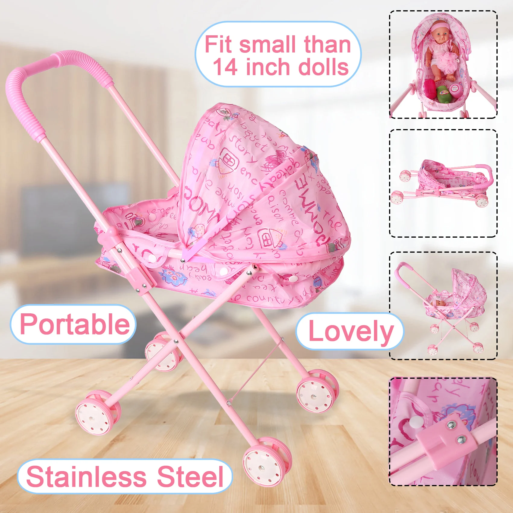 Baby Dolls Stroller Foldable Pushchair Kids Gift Pretend Role Play Toys D