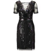 Women Vintage 1920s Art Deco Great Gatsby Dress Sheer V Neck Hollow Back Short Sleeve Inspired Beaded Sequin Flapper Dress ► Photo 1/6